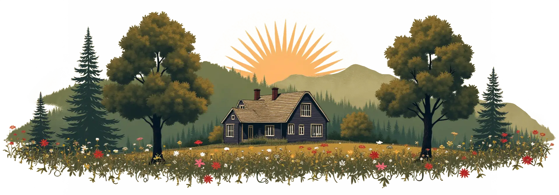Roots to Roofs Farm-to-Table Experience banner: illustration of a rustic farmhouse cabin nestled in a wildflower meadow, flanked by tall pine and oak trees, with rolling hills and a glowing sunrise on the horizon.