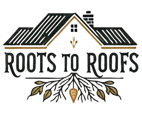 Roots to Roofs Farm-to-Table Experience logo: stylized black-and-gold house roof above bold, hand-lettered ‘ROOTS TO ROOFS’ text, with tree roots and a carrot icon extending downward.
